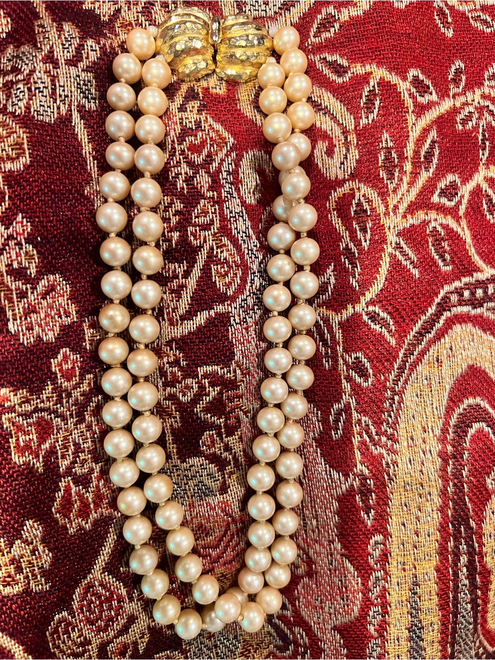 Vintage Cream Pearl Double-Strand Necklace with Gold Clasp